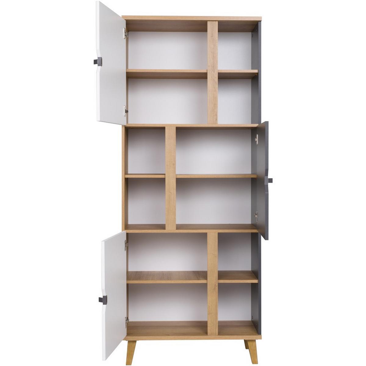 BÜCHERREGAL Moreno mit 3 Türen und 6 Einlegeböden, Eiche gold/mattweiß/graphit - Eichefarben/Graphitfarben, Holzwerkstoff/Kunststoff (80/200/61.5cm) - Beautysofa