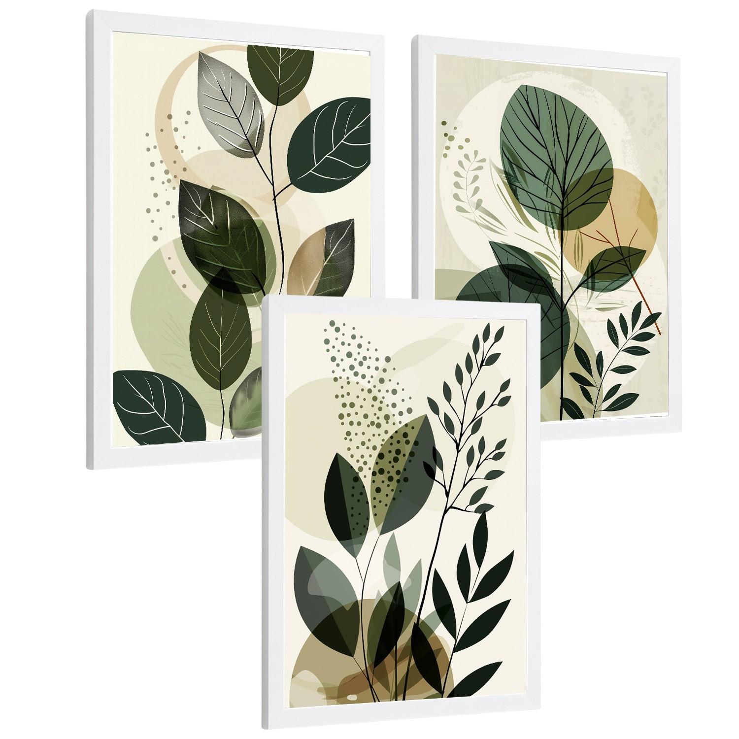 POSTER 3er Kunstdruck-Set Wandbilder Pflanzen Abstrakt modern Wohnzimmer Deko, Schlafzimmer, Küche, Badezimmer Weißer Rahmen A4 - Weiß, Papier (29.7/1/21cm) - Nacnic