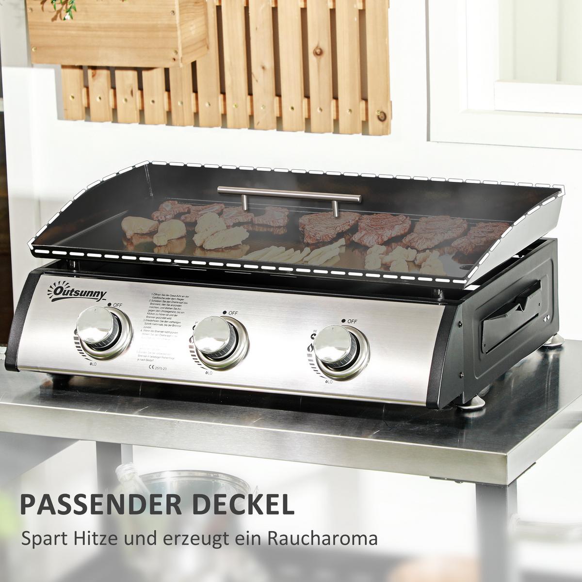 GASGRILL BBQ mit 3 Brennern, Edelstahl, Metall, Schwarz, 63 x 47 x 25 cm - Schwarz, Metall (47/25/63cm) - Outsunny