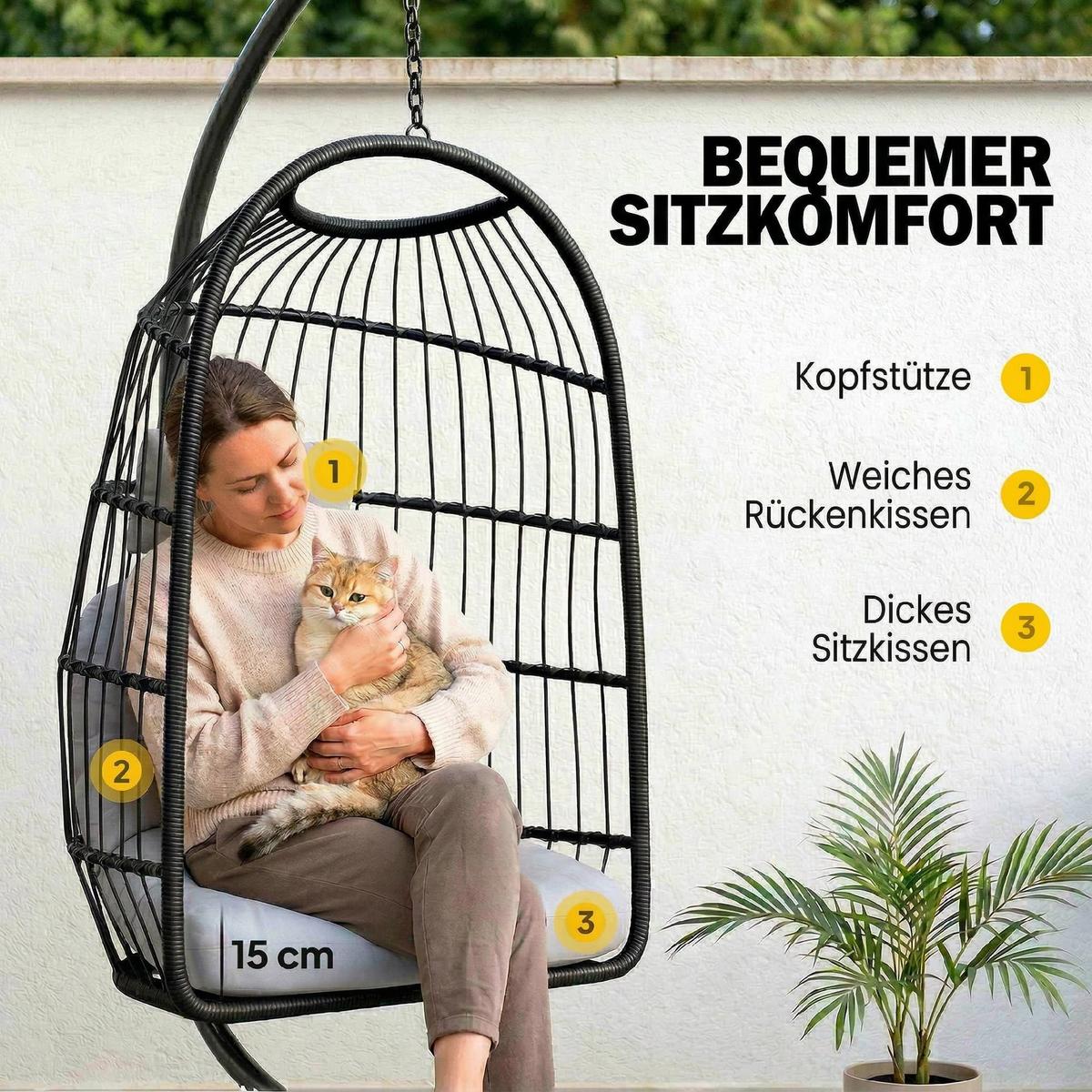 HÄNGESESSEL Metall PE-Rattan Hellgrau - Hellgrau/Schwarz, Textil/Metall (101/196/105cm) - Outsunny