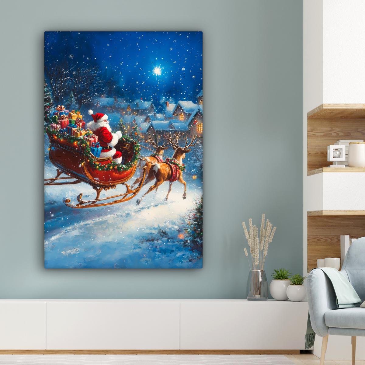 LEINWANDBILD Weihnachtsmann - Rentier - Weihnachten - Schnee Deko XXL 80x120 cm - Cognac, Textil (80/120cm) - MuchoWow
