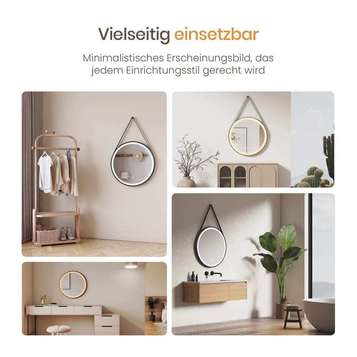 BADSPIEGEL mit Touch-Schalter Beleuchtung mit Hängeriemen Schwarz Ø 60 cm - Schwarz, Glas (60/60/3.5cm) - EMKE