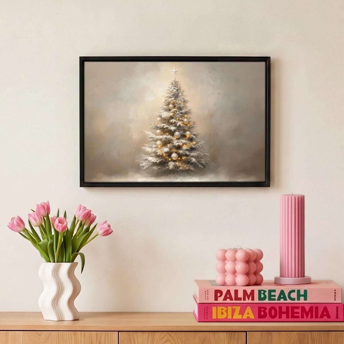 LEINWAND Bilder mit Rahmen - Weihnachten - Weihnachtsbaum - Schnee - Kunst - 30x20 - Champagner, Textil (30/20cm) - MuchoWow