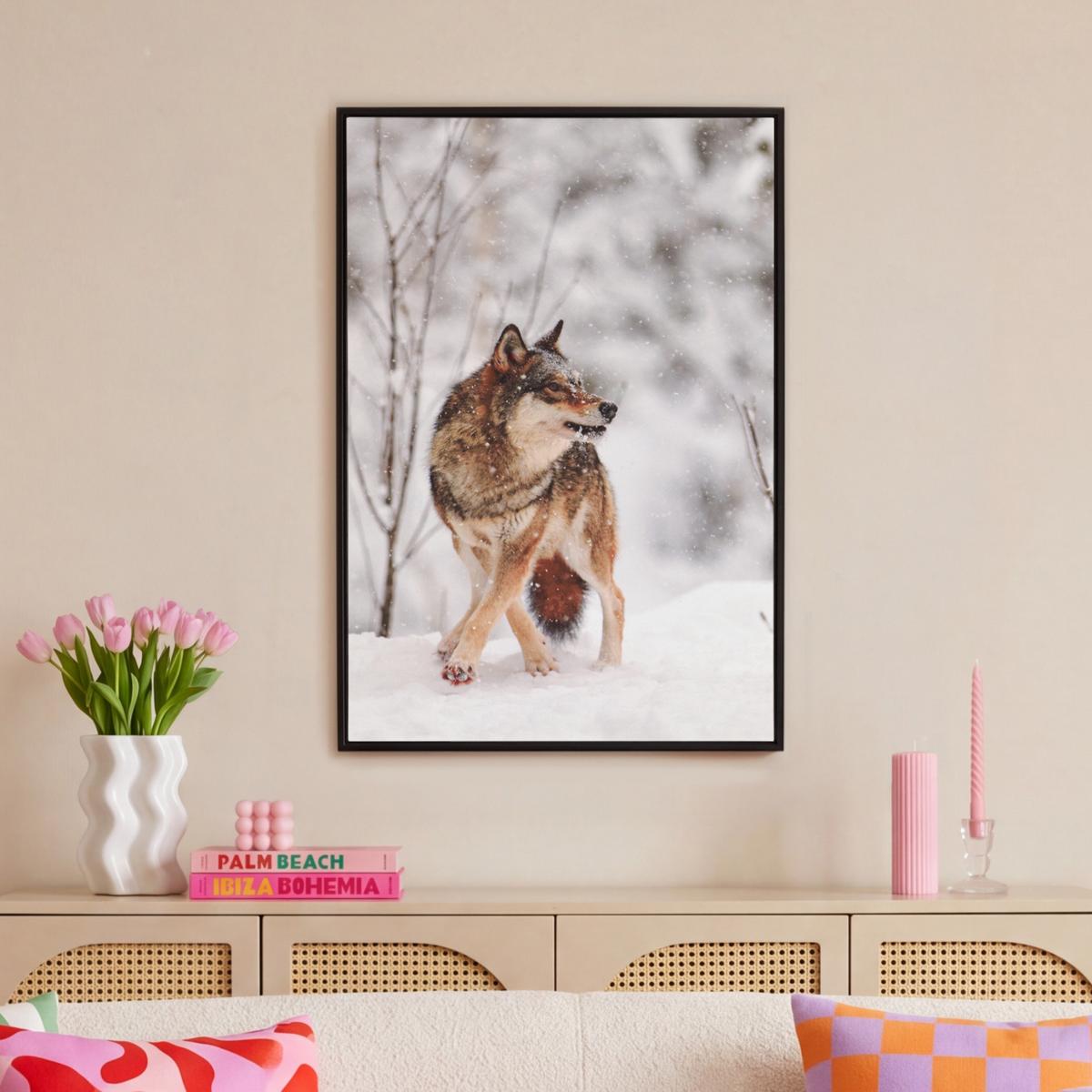 LEINWAND Bilder mit Rahmen - Wolf - Winter - Schnee - Natur - Tiere - 60x90 - Haselnussfarben, Textil (60/90cm) - MuchoWow