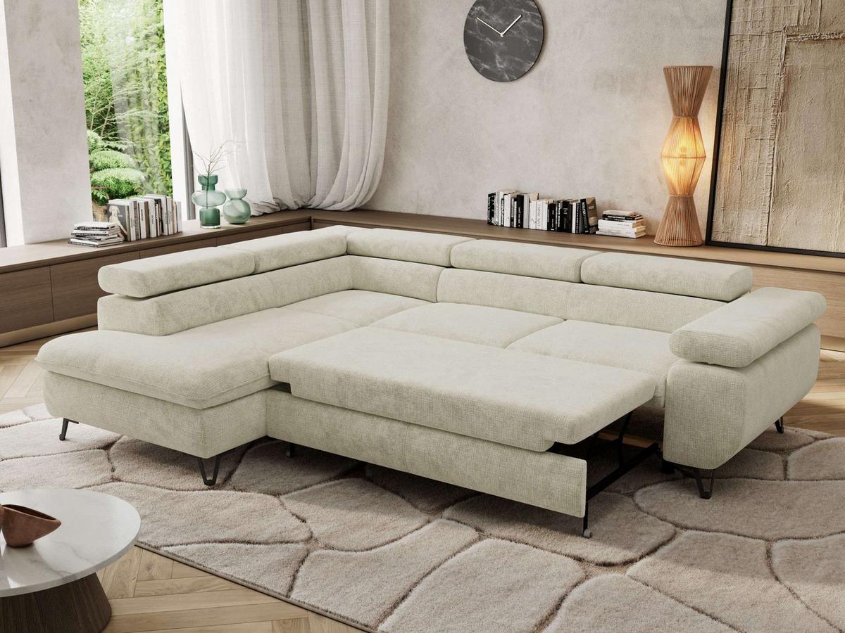 ECKSOFA PABLO L Creme Schenille grob gewebt - Links Seite - Creme/Schwarz, Textil/Metall (208/273cm) - MKS