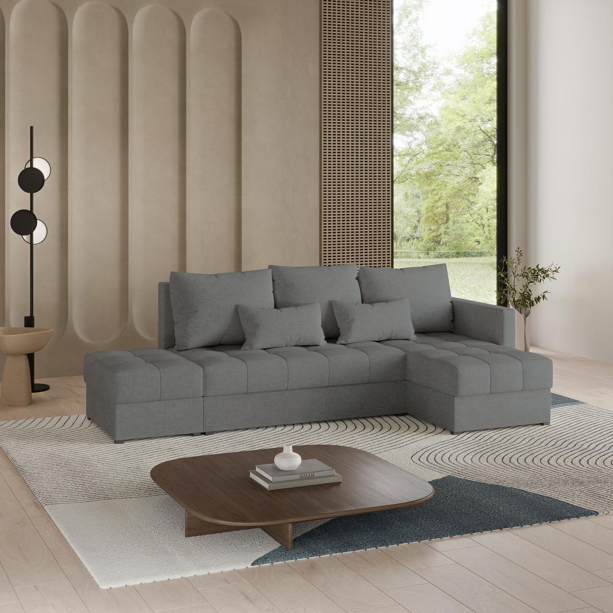ECKSOFA LUMARI R-S Grau Plüsch-Stoff mit Schlaffunktion - Grau, Holz (262/143cm) - MASSENO