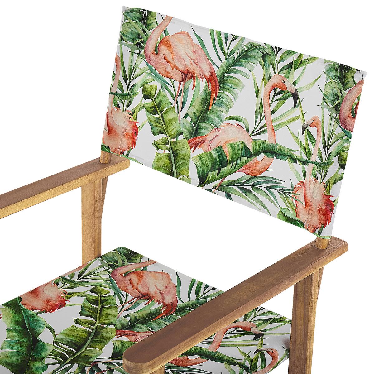 GARTENSTUHL 2er-Set Akazienholz hellbraun Auflagen cremeweiß/bunt Flamingomuster Cine - Hellbraun/Multicolor, Holz (50/91/50cm) - Beliani