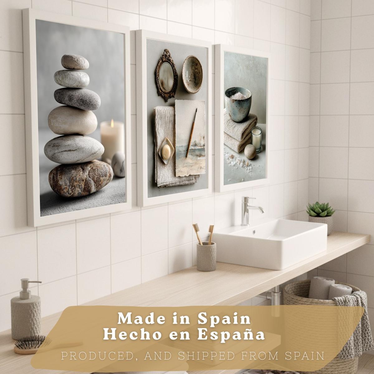 POSTER 3er-Set moderne Badezimmer-Wandposter, Entspannungsposter im Spa-Stil WC mit Steinen, Kerzen und Salzen, Zen-Dekoration Weißer Rahmen A3 - Weiß, Papier (42/29.7/3cm) - Nacnic