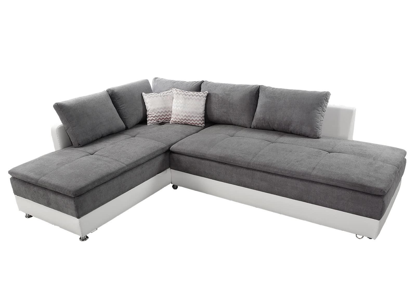 ECKSOFA-DAUERSCHLÄFER Doppelbett Boxspring Federkern Topper, Schwenkteil rechts B306/T223/H95 cm , Kunstleder Weiß+Mikrofaser Hellgrau / 15104 - Chromfarben/Hellgrau, Kunststoff/Textil (306/223cm) - luma-home