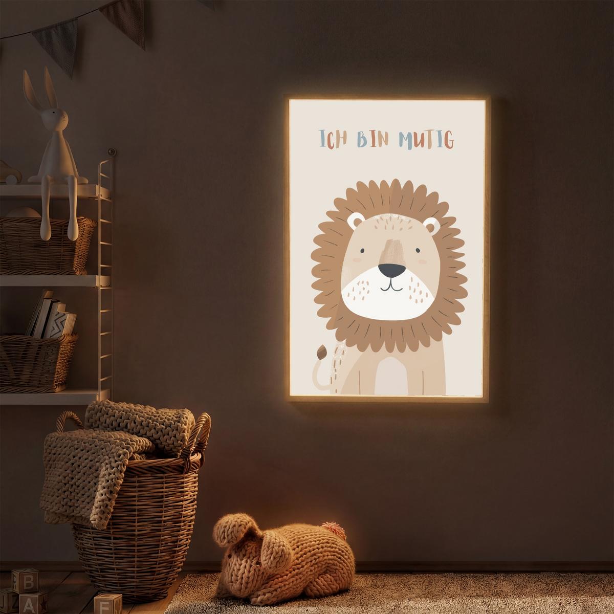 NACHTTISCHLAMPE MIT AKKU Löwe - Beige - Tier - Mutig - Zitat 60x90 cm - Beige, Holzwerkstoff (8/60/90cm) - OnlyWow
