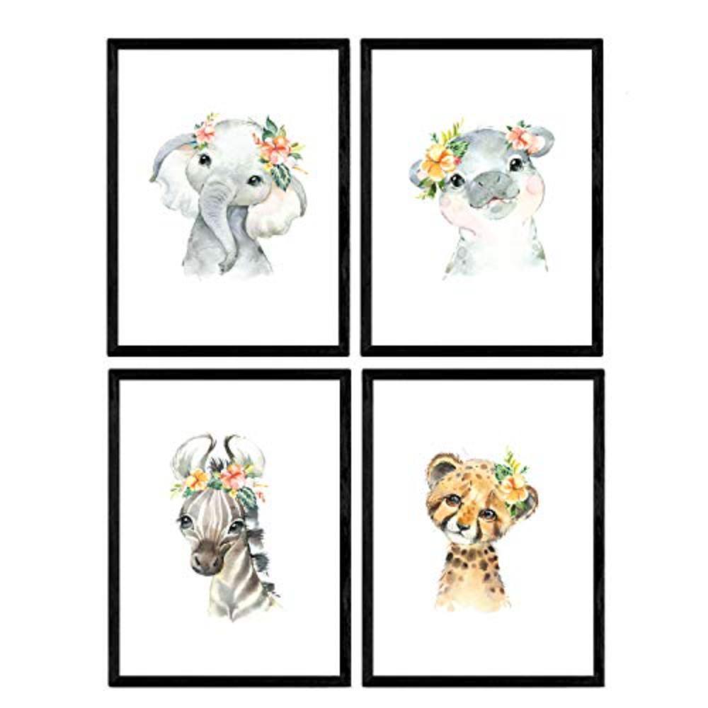 POSTER Set mit 4 Tiger Hypopotamus Elefant und Zebra A4 Rahmenlos - Klar, Papier (29.7/3cm) - Nacnic