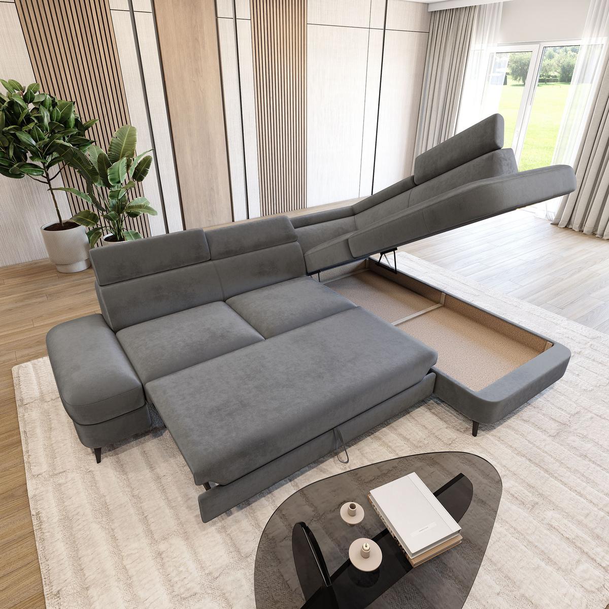 ECKSOFA AVISE M R-S Grau Velours-Stoff mit Schlaffunktion - Grau, Holzwerkstoff/Textil (268/195cm) - MASSENO