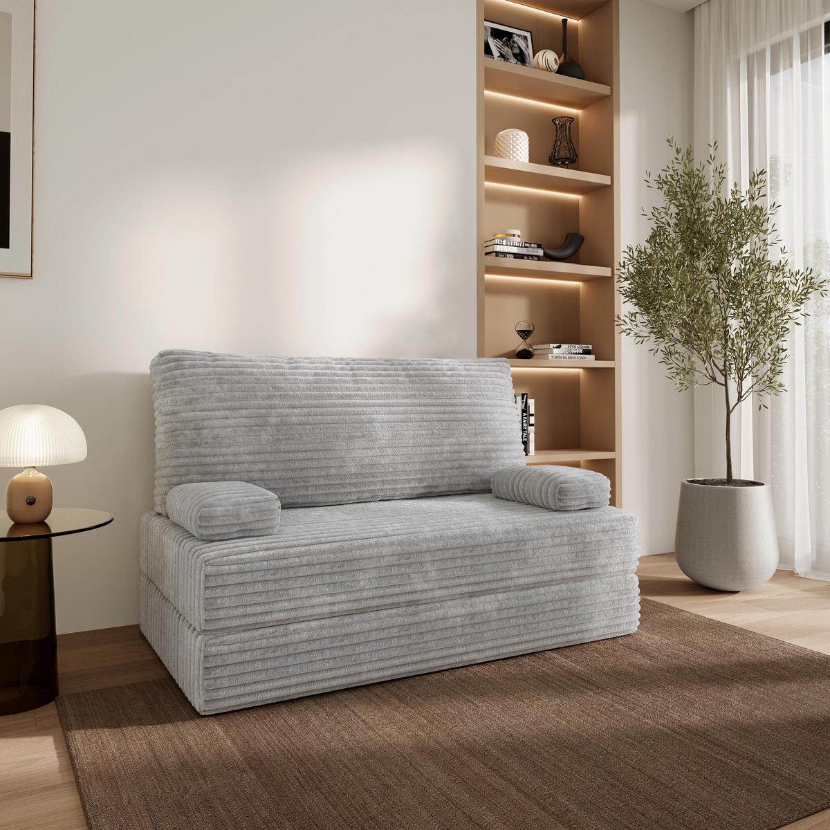 BETTSOFA LADIA aus Schaumstoff Kordstoff Hellgrau Schlaffunktion - Grau, Textil (140/86/60cm) - MASSENO