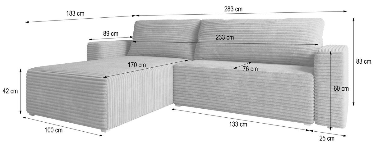 ECKSOFA CALTI T Hellgrau Kordstoff mit Schlaffunktion - Hellgrau, Holzwerkstoff/Textil (283/183cm) - MASSENO