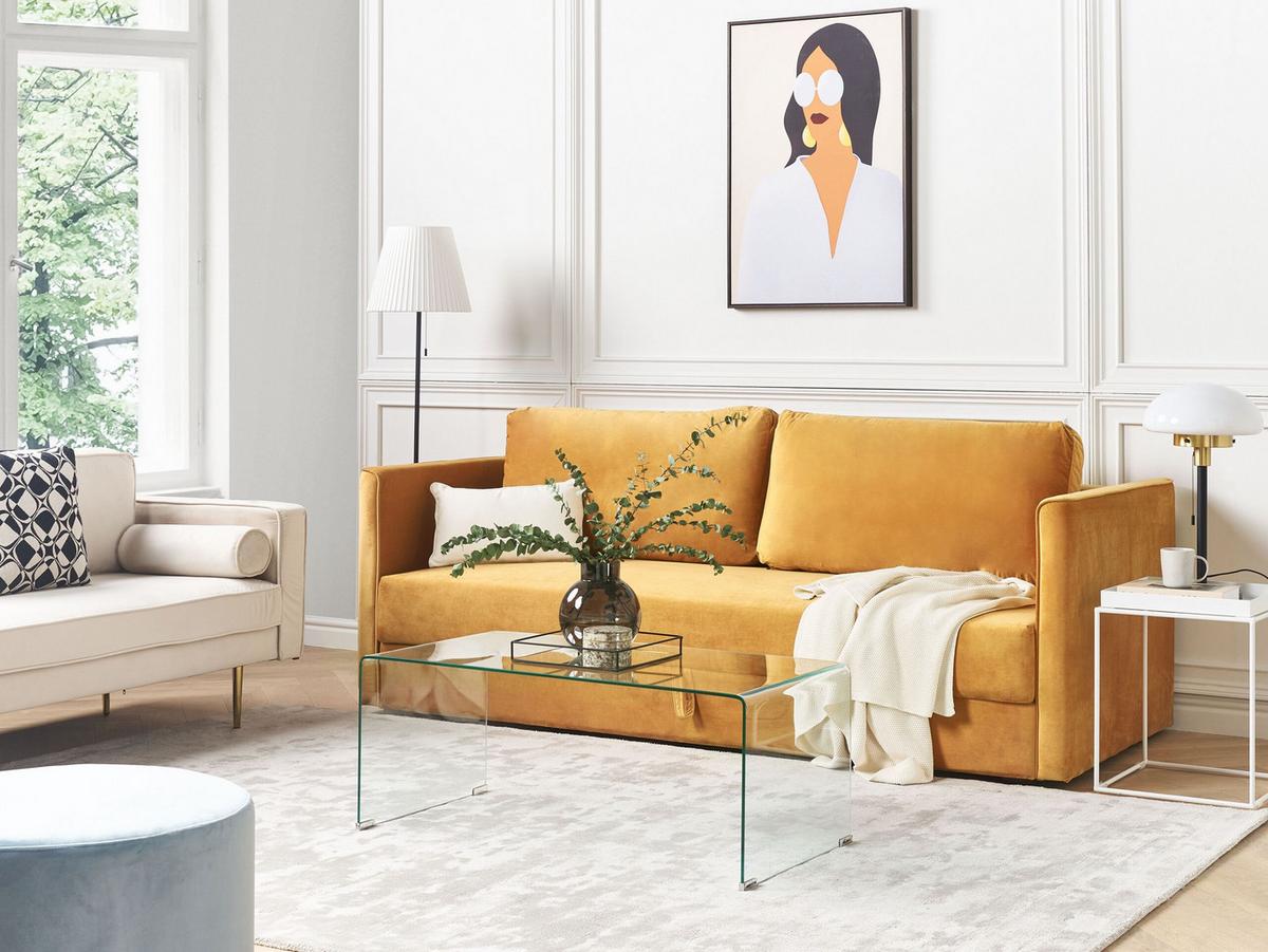 3-SITZER-SCHLAFSOFA Samtstoff Gelb Eksjo - Gelb, Textil (220/87/102cm) - Beliani