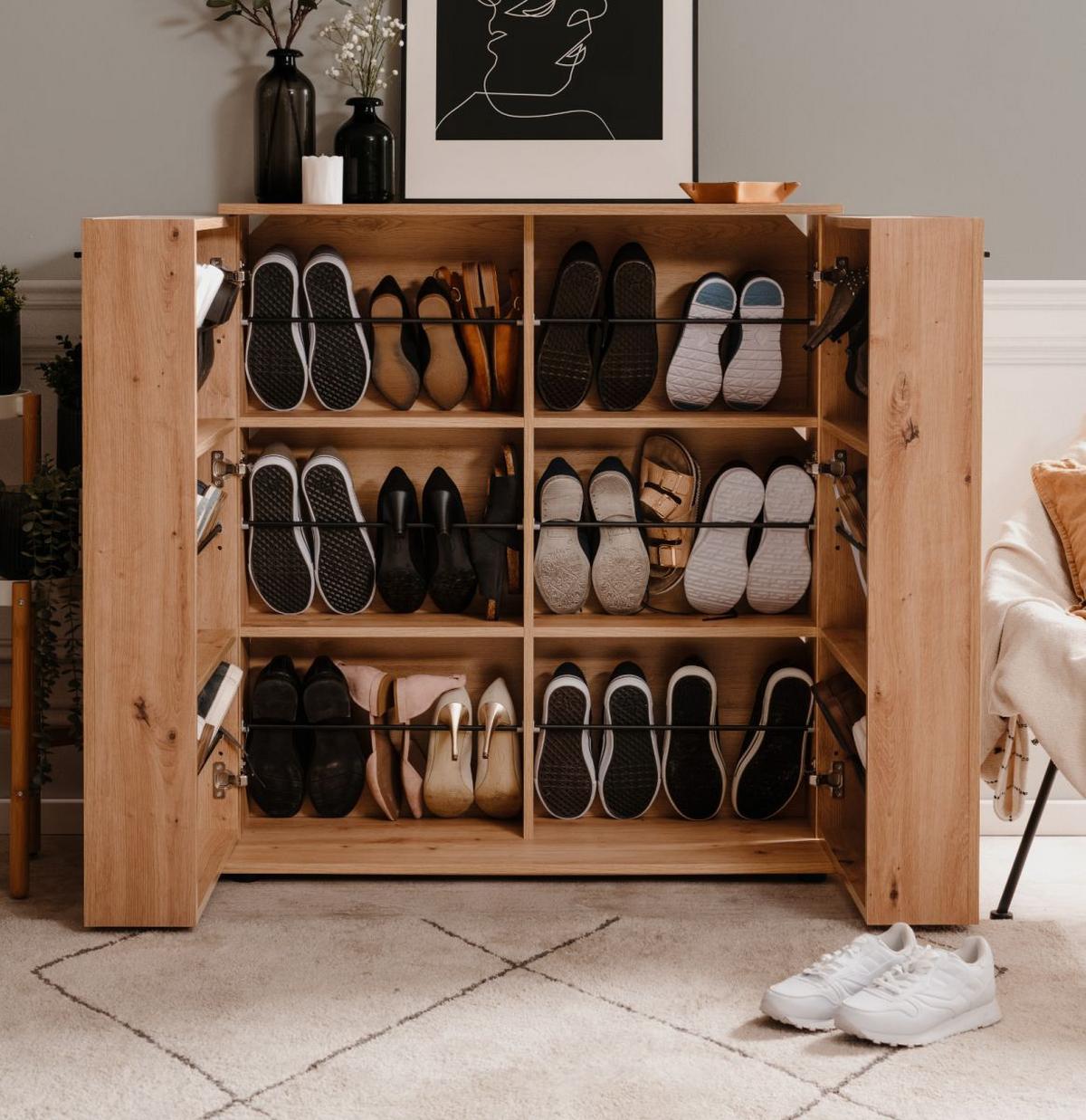 SCHUHSCHRANK Eiche Artisan 100 cm, Schuhkommode aufklappbar mit 12 Fächern - Schwarz/Eiche Artisan, Holzwerkstoff/Kunststoff (100/110/34cm) - Furn.Design