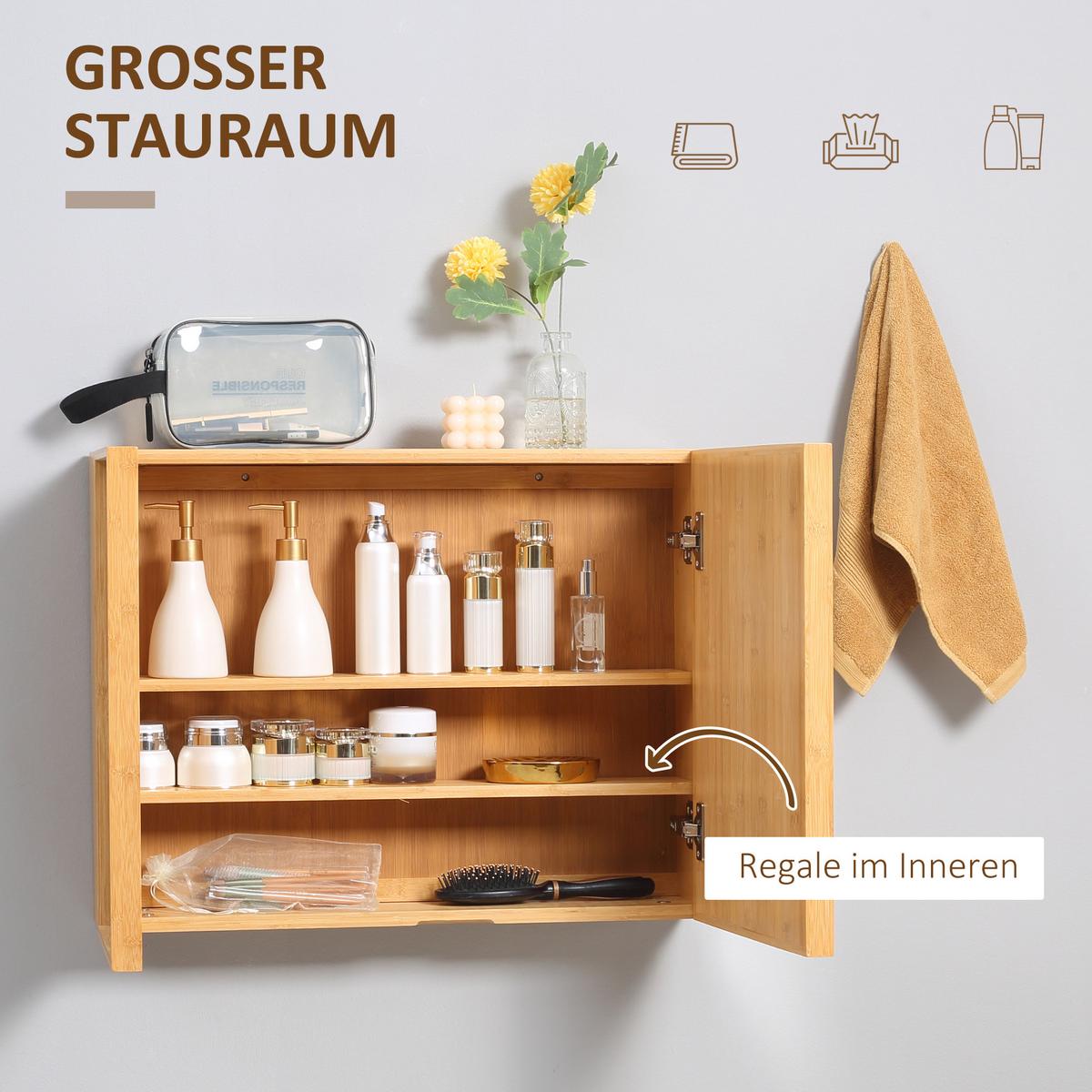 SPIEGELSCHRANK mit 3 Innenböden, Doppeltür, Bambus, Natur, 65,2 x 14 x 50 cm - Naturfarben, Glas (65.2/50/14cm) - Kleankin