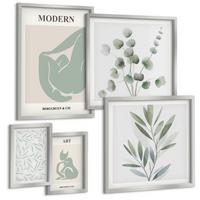 BILDER SET 5er Set - 50x50 cm & 20x30 cm & 40x60 cm Silberner Rahmen - Pflanzenmotive, zartes Grün - Silberfarben, Kunststoff (40/60cm) - TULUP