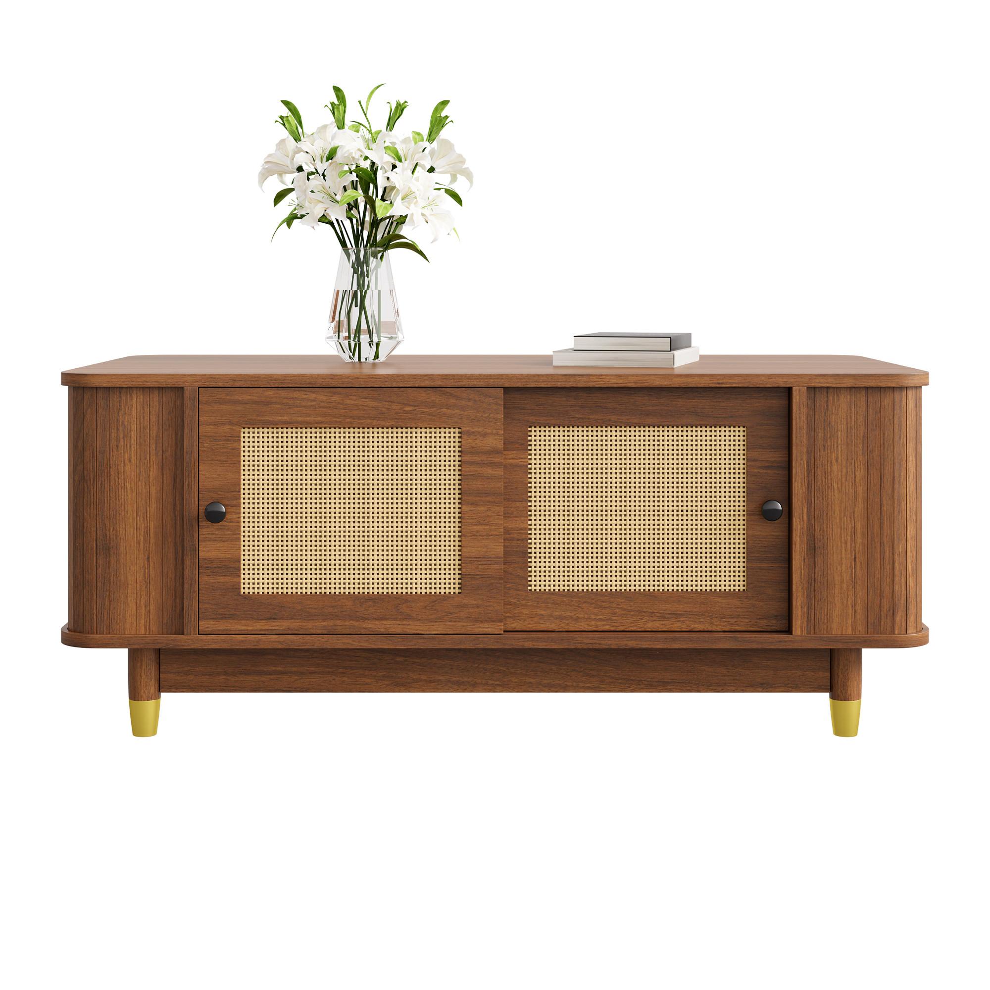 COUCHTISCH nussbaum-optik & rattan schiebetüren & abgerundete ecken - Walnussfarben, Holzwerkstoff (50/100/42cm) - Urban Meuble