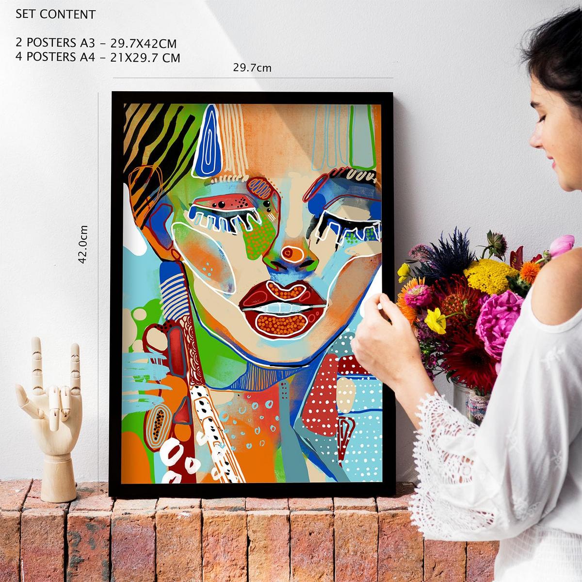 POSTER Set Mit 6 Lady Mazarelli In Weibliche Zusammenfassung Ästhetische Dekorative Gemälde Für Ihr Wohnzimmer Zuhause A3 & A4 Weißer Rahmen - Weiß, Papier (29/3cm) - Nacnic