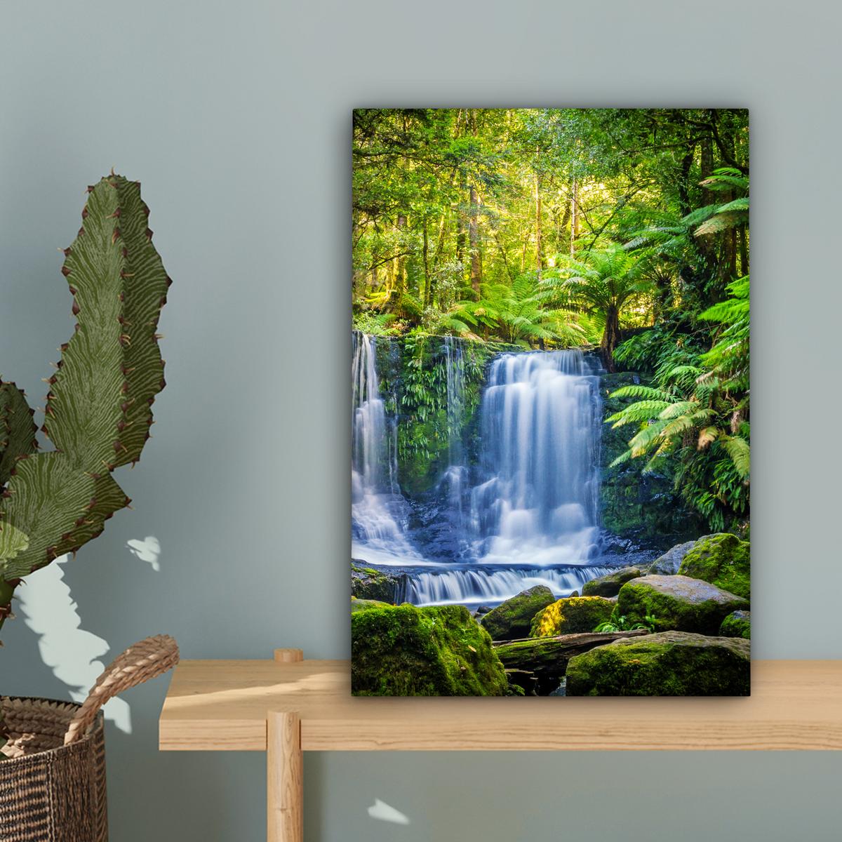 LEINWANDBILD Dschungel - Wasserfall - Australien - Pflanzen - Natur Deko Wohnzimmer 20x30 cm - Dunkelgrün, Textil (20/30cm) - MuchoWow