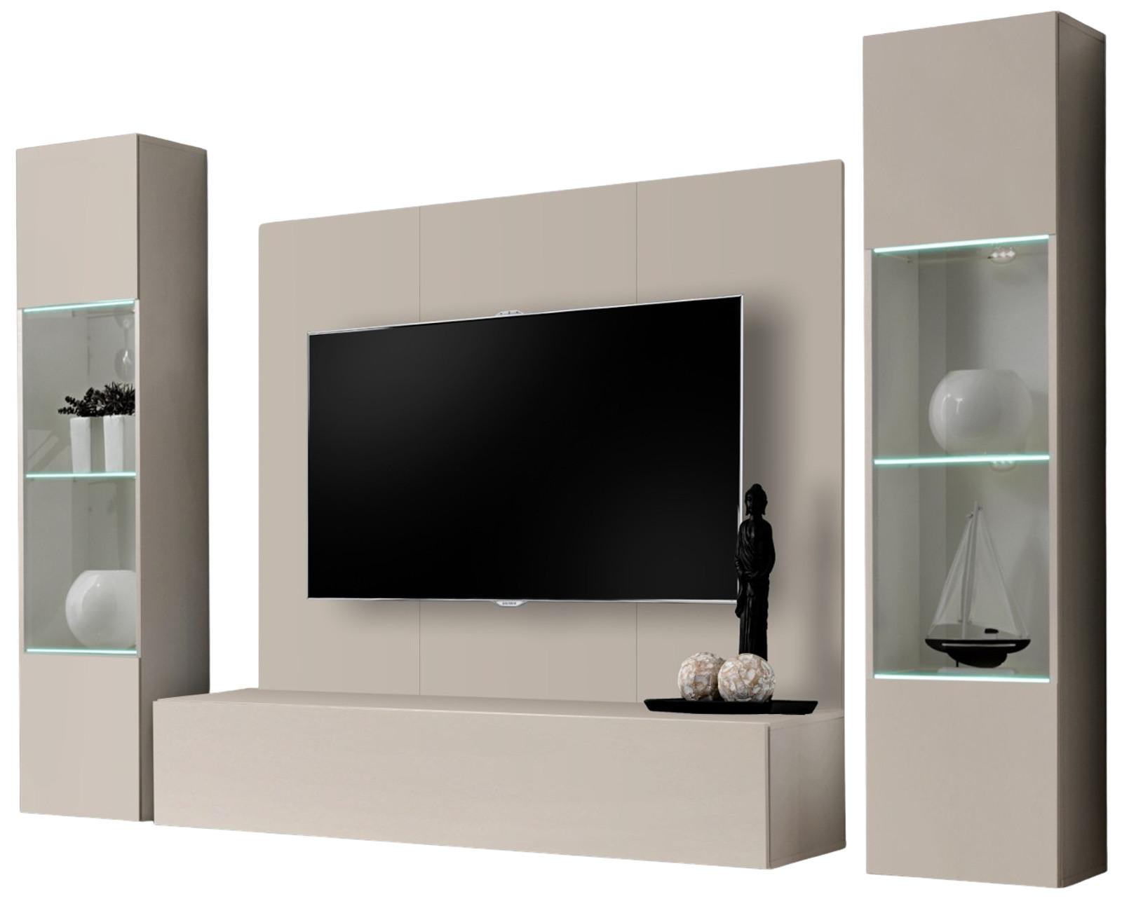 WOHNWAND Kaschmir 4-teilig 260 cm hängend, Schrankwand mit LED und Push-to-Open - Kaschmir, Glas/Holzwerkstoff (260/170/40cm) - Inn.Furn