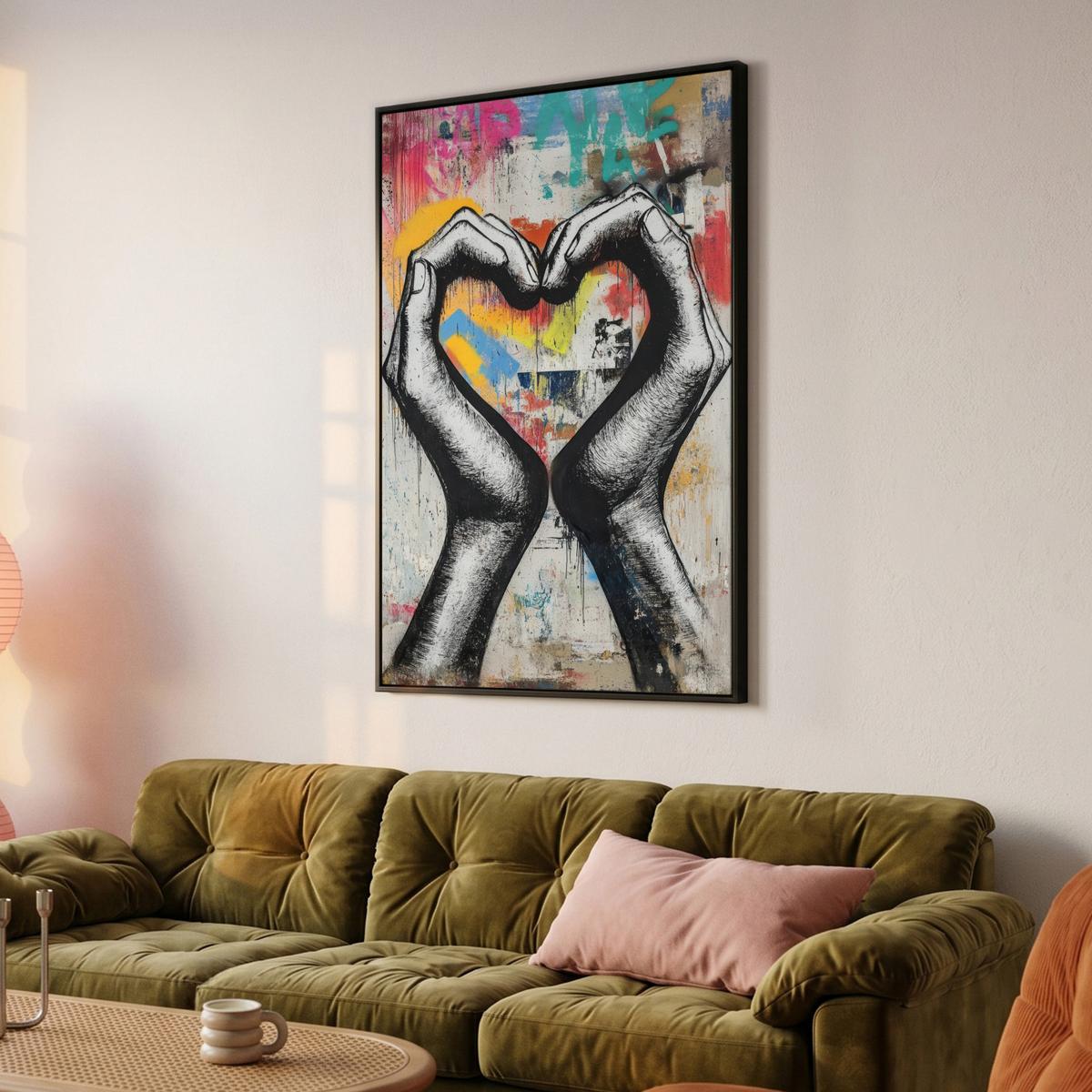 LEINWAND Bilder mit Rahmen - Hände - Herz - Straßenkunst - Graffiti - 90x140 - Multicolor, Textil (90/140cm) - MuchoWow