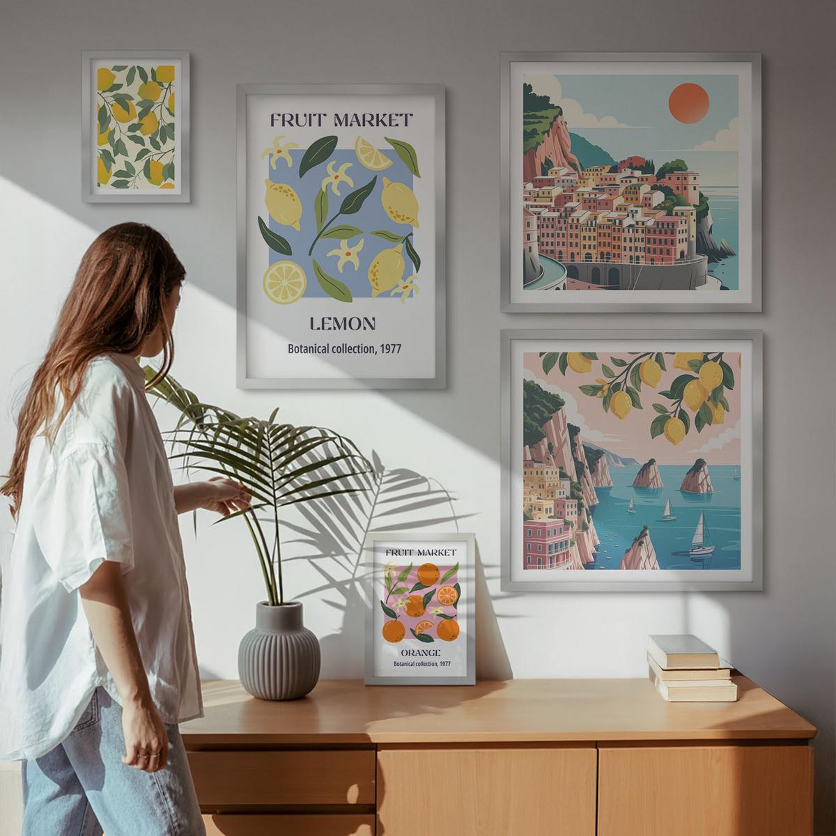 BILDER SET 5er Set - 50x50 cm & 20x30 cm & 40x60 cm Silberner Rahmen - Italienische Zitronenurlaube Capri - Silberfarben, Kunststoff (40/60cm) - TULUP