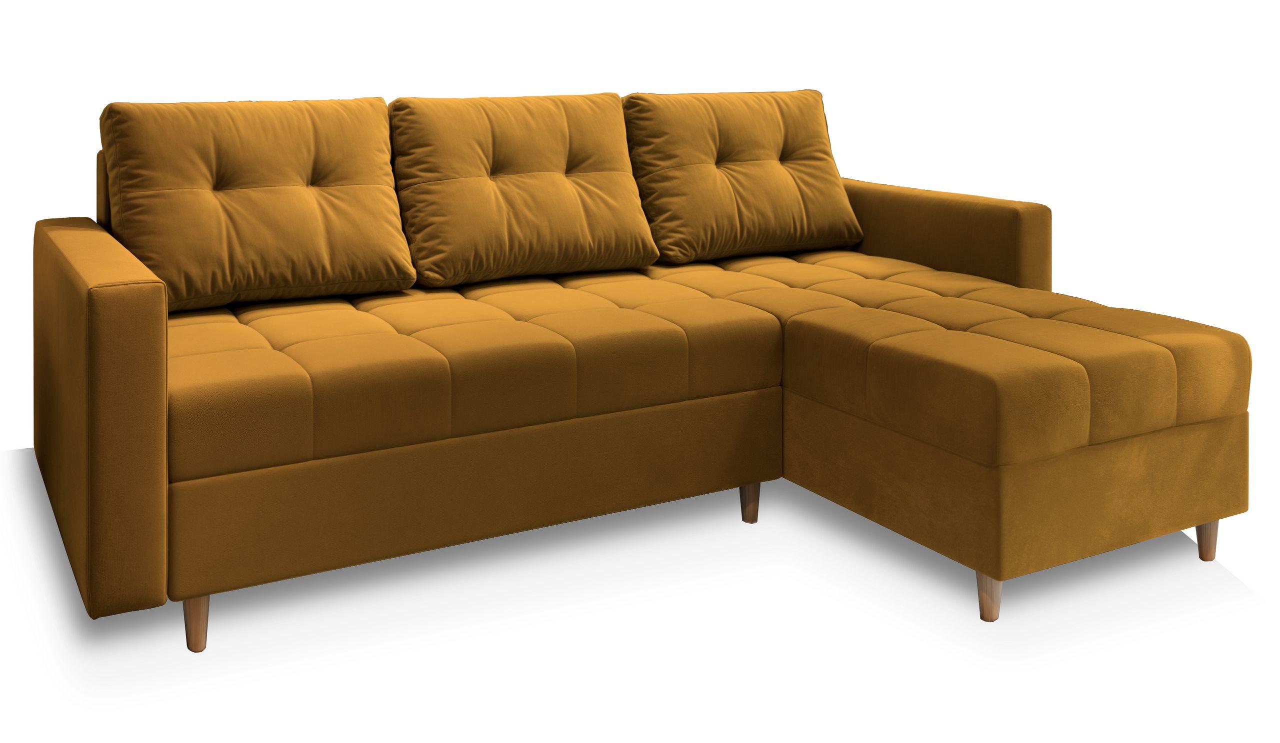 ECKSOFA MILO L Gelb Plüsch-Stoff mit Schlaffunktion - Gelb/Braun, Holz/Textil (220/140cm) - MASSENO