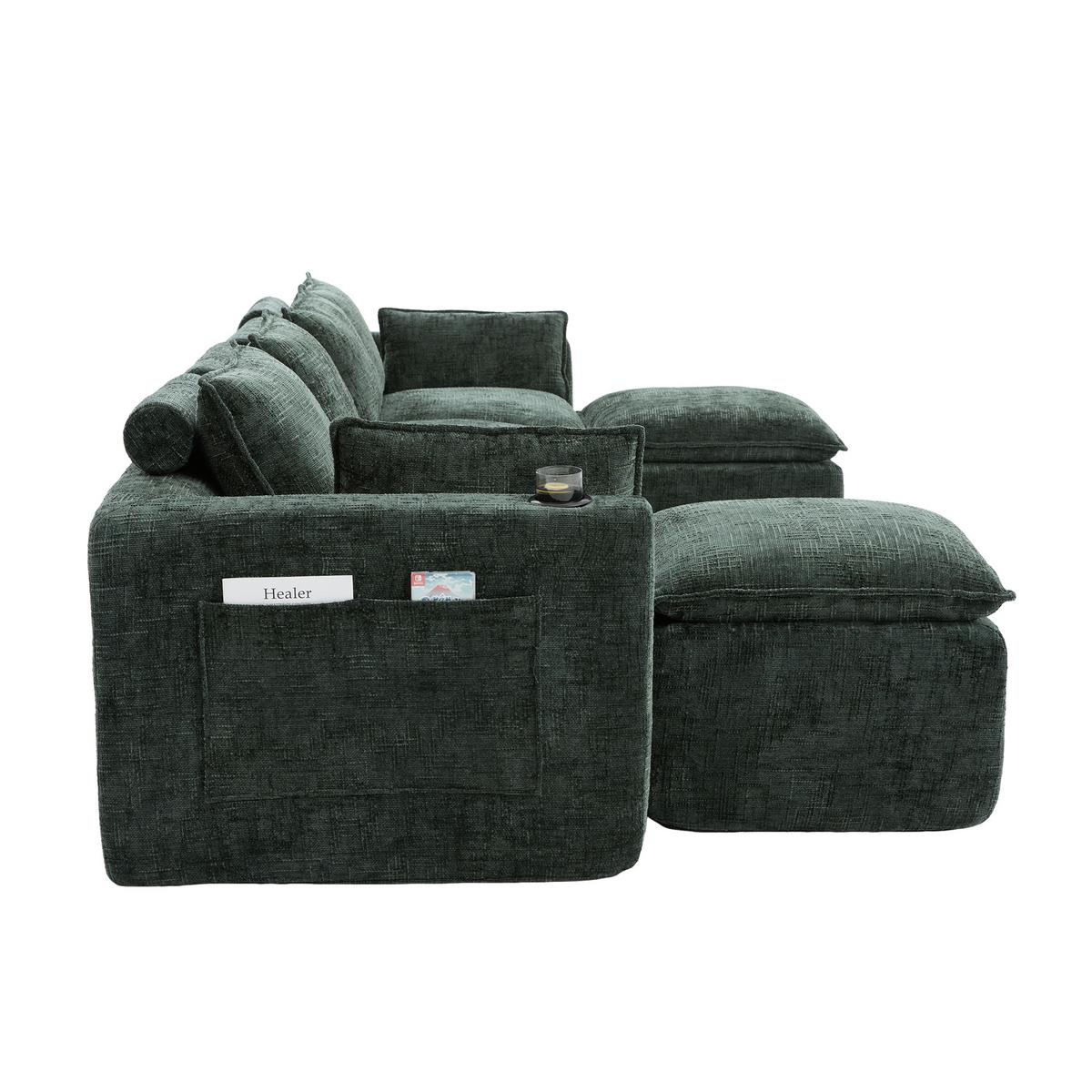 4-SITZER-SOFA aus chenille, modular mit 2 fußhockern und getränkehaltern - Grün, Textil (322/75/161cm) - Urban Meuble