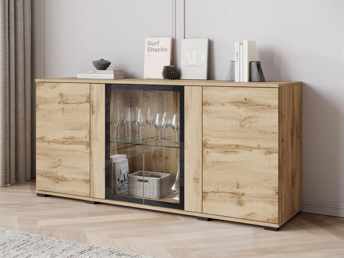 KOMMODE Caro SB 154 4D mit weißer LED Beleuchtung - Eiche Wotan/Schwarz, Holzwerkstoff/Kunststoff (150/70/40cm) - MIRJAN24