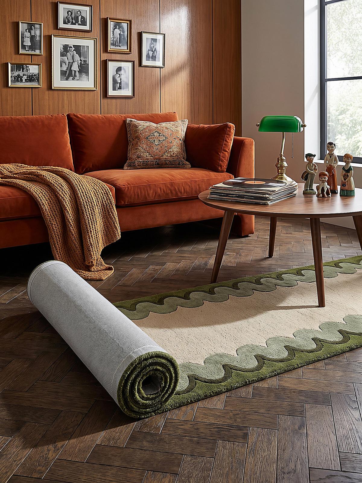 TEPPICHLÄUFER handgetuftet WAVENEY, Zickzack-Wellenbordüre, Olivgrün, 80 x 230 cm - Grün, Textil (80/230cm) - KADIMA DESIGN
