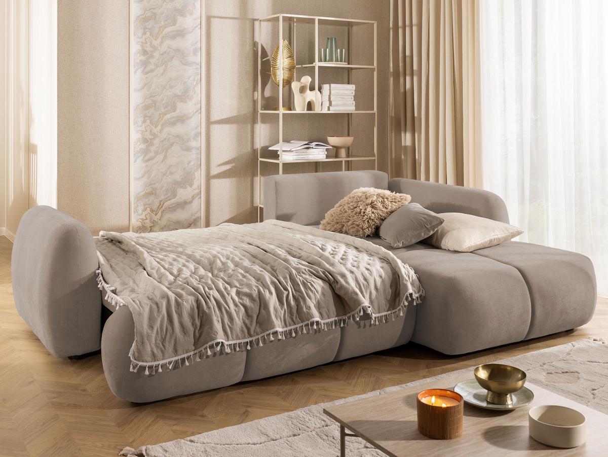 ECKSOFA Loretto aus natürlichem Greige Webstoff mit Schlaffunktion, Bettkasten und tiefen Steppungen in Bubble-Optik - Greige/Schwarz, Holz/Kunststoff (275/180cm) - S-Style