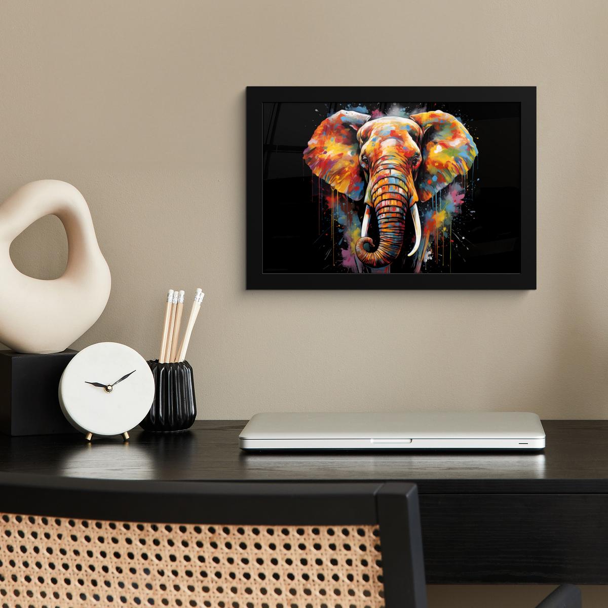 POSTER MIT RAHMENGERAHMTES BILD Elefant - Graffiti - Schwarz - Tiere - Farben 30x20 cm - Schwarz, Papier (30/20cm) - MuchoWow
