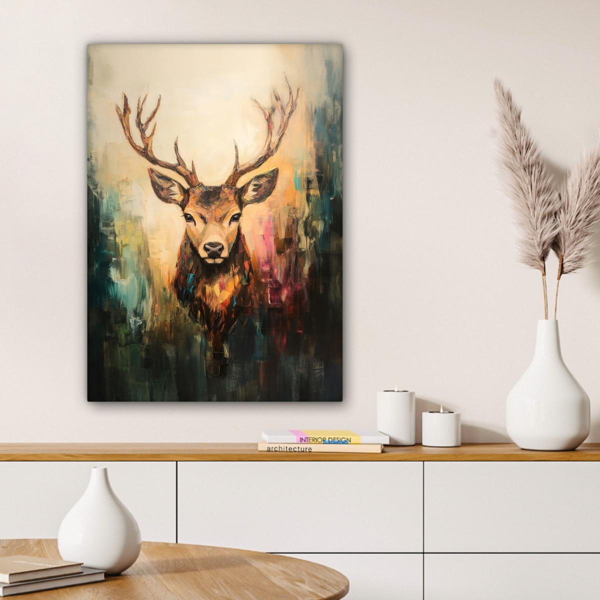 LEINWANDBILD Hirsch - Gemalt - Geweih - Braun Wandbild Wohnzimmer 60x80 cm - Haselnussfarben, Textil (60/80cm) - MuchoWow