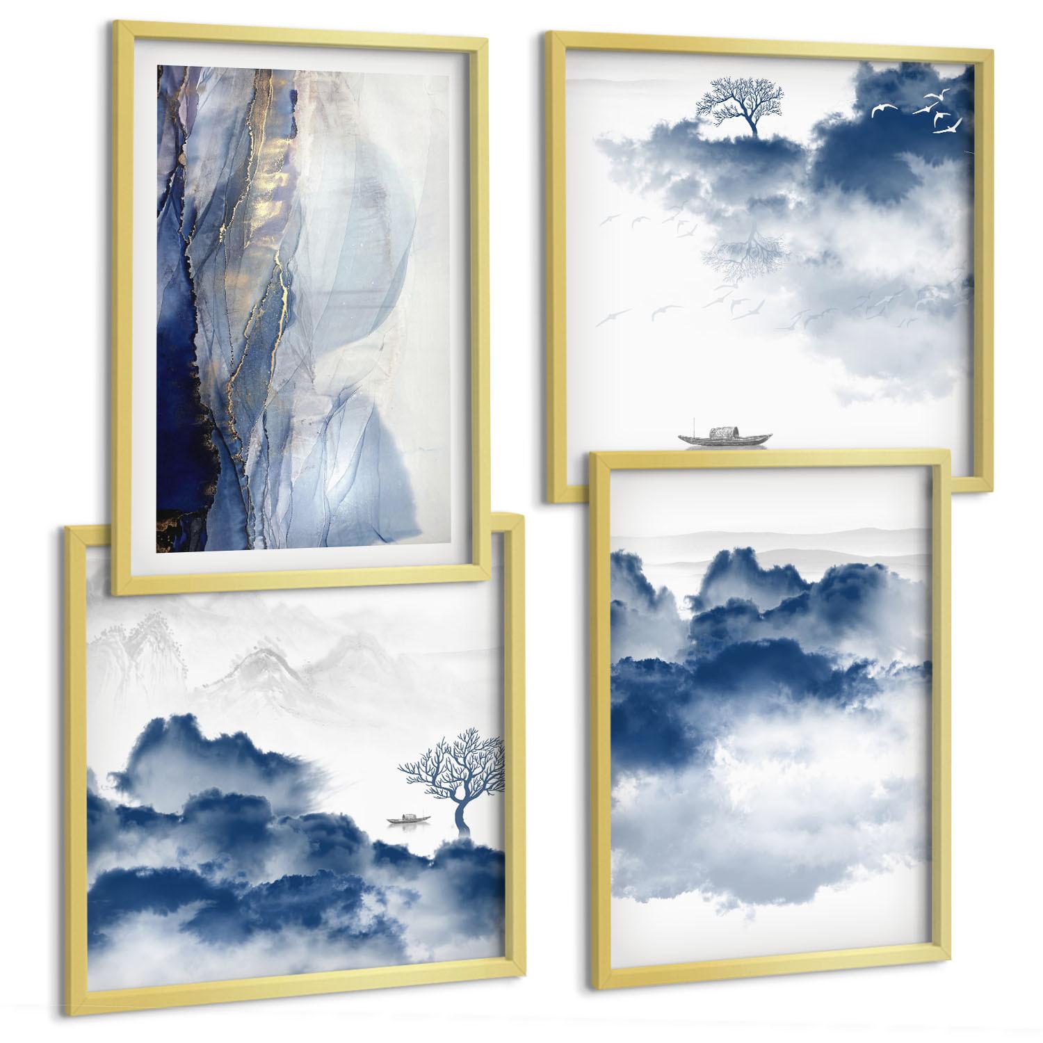 BILDER SET 4er Set - 50x50 cm & 40x60 cm Goldrahmen - Berge, Wolken, Bäume, Vögel im Hintergrund - Goldfarben, Kunststoff (50/50cm) - TULUP