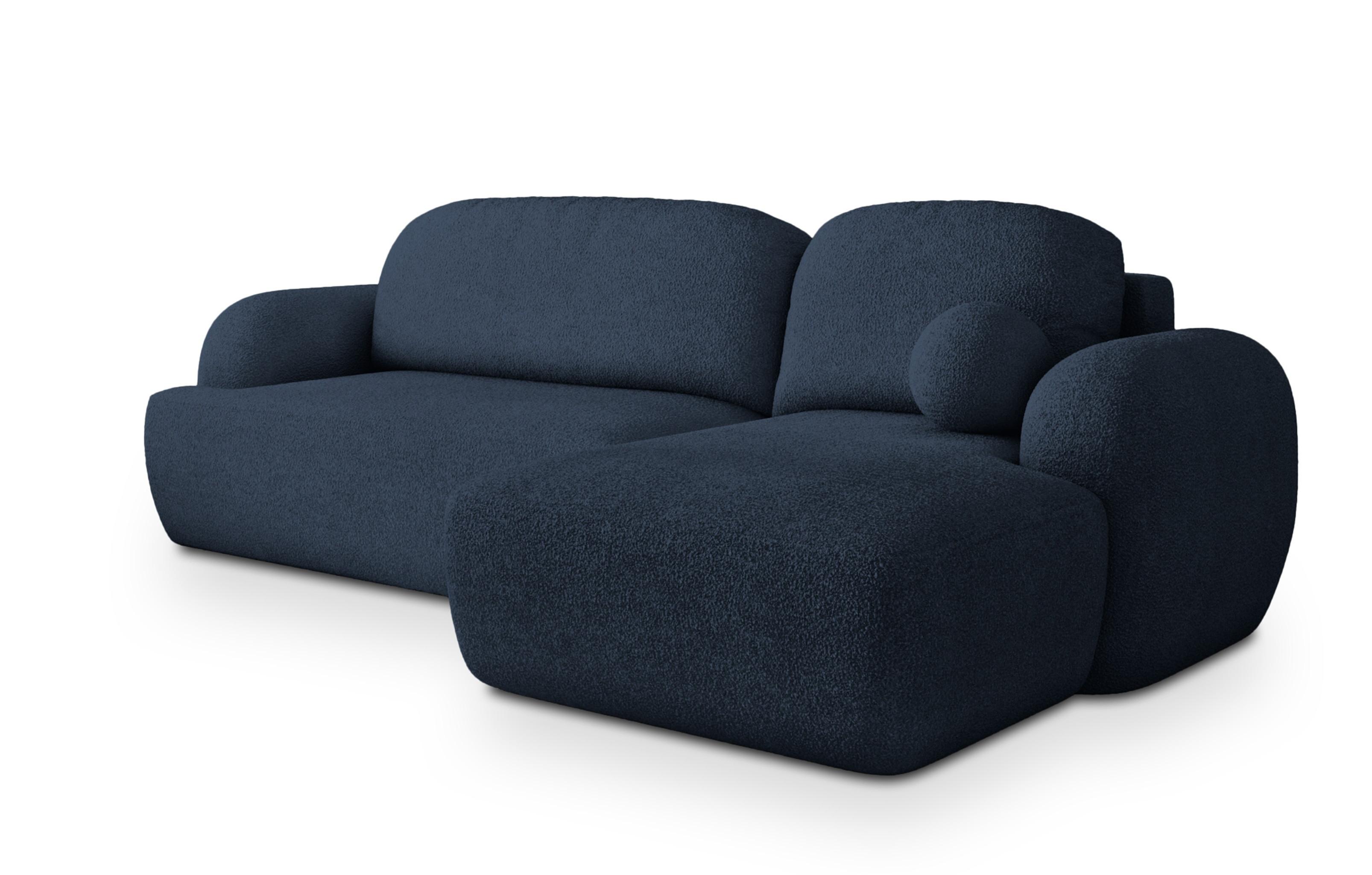 ECKSOFA MODENZA N R-S Blau Boucle-Stoff mit Schlaffunktion - Blau/Schwarz, Holz/Kunststoff (266/148cm) - MASSENO