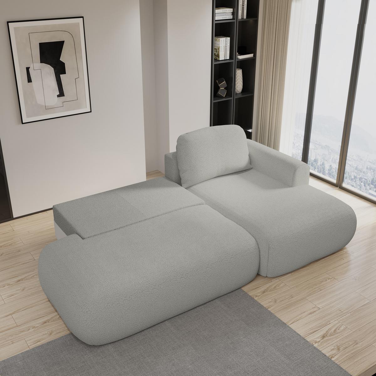 ECKSOFA NUVIRA R-S Hellgrau Boucle-Stoff mit Schlaffunktion - Hellgrau, Holz (279/158cm) - MASSENO