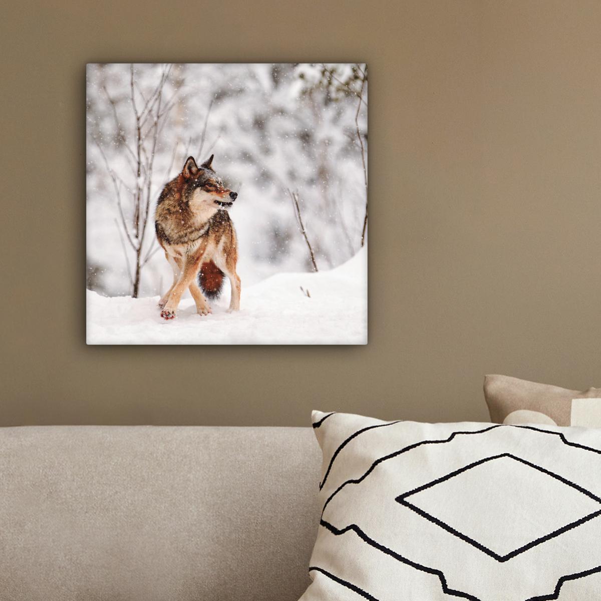 LEINWANDBILD Wolf - Winter - Schnee - Natur - Tiere Deko Wohnzimmer 20x20 cm - Haselnussfarben, Textil (20/20cm) - MuchoWow