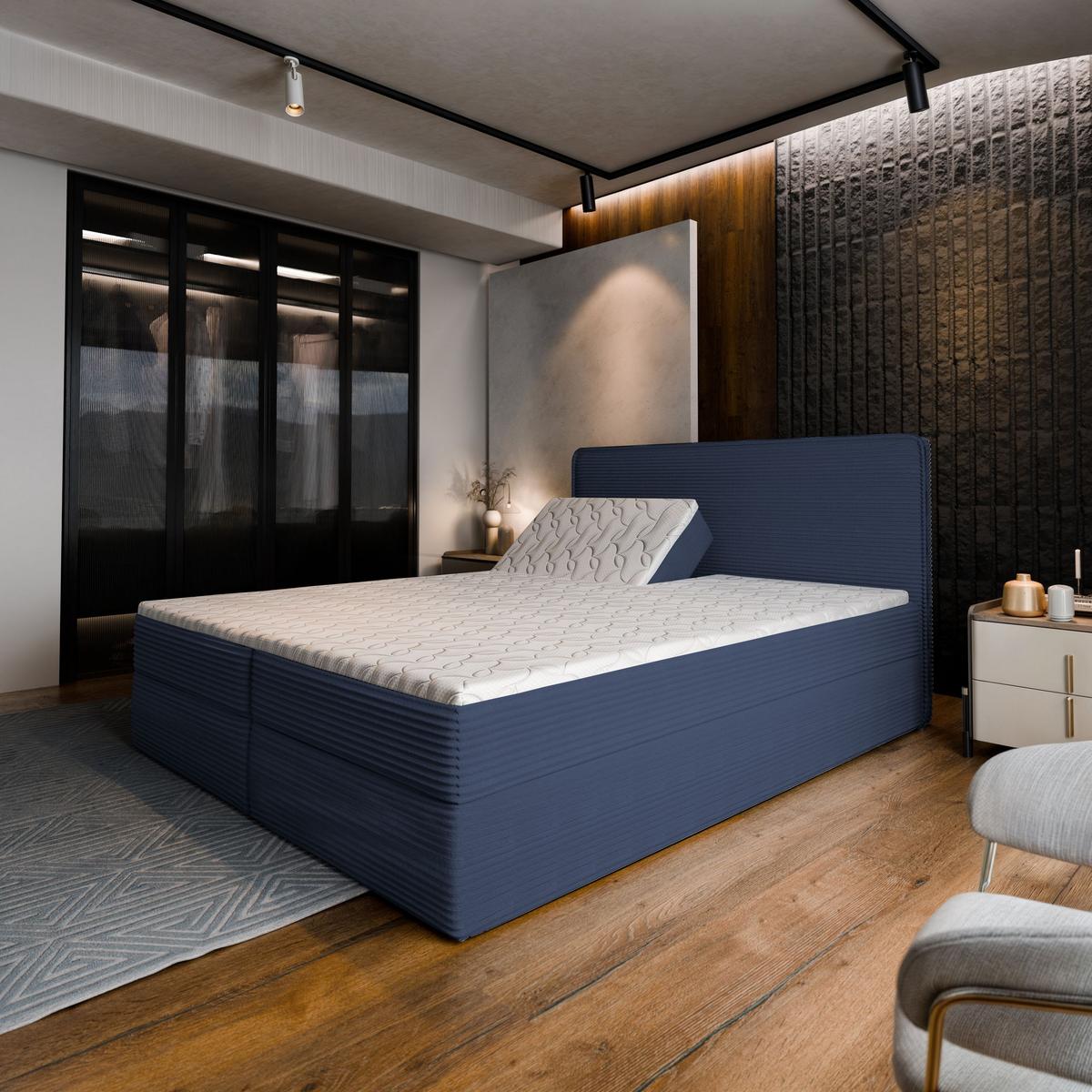 BOXBETT ASTOR 140x200 cm mit Matratze und Topper - Blau - Blau, Holz (140/200cm) - MASSENO