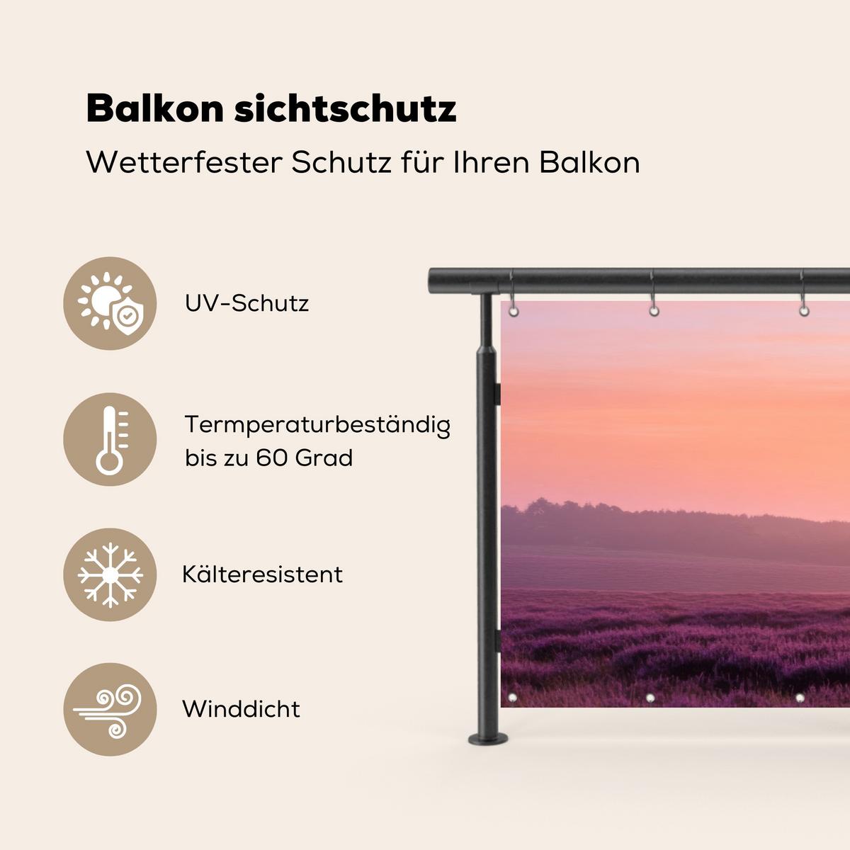BALKON-SICHTSCHUTZ Baum - Heidekraut - Sonnenaufgang Balkon Deko 300x120 cm - Flieder, Kunststoff (300/120cm) - MuchoWow