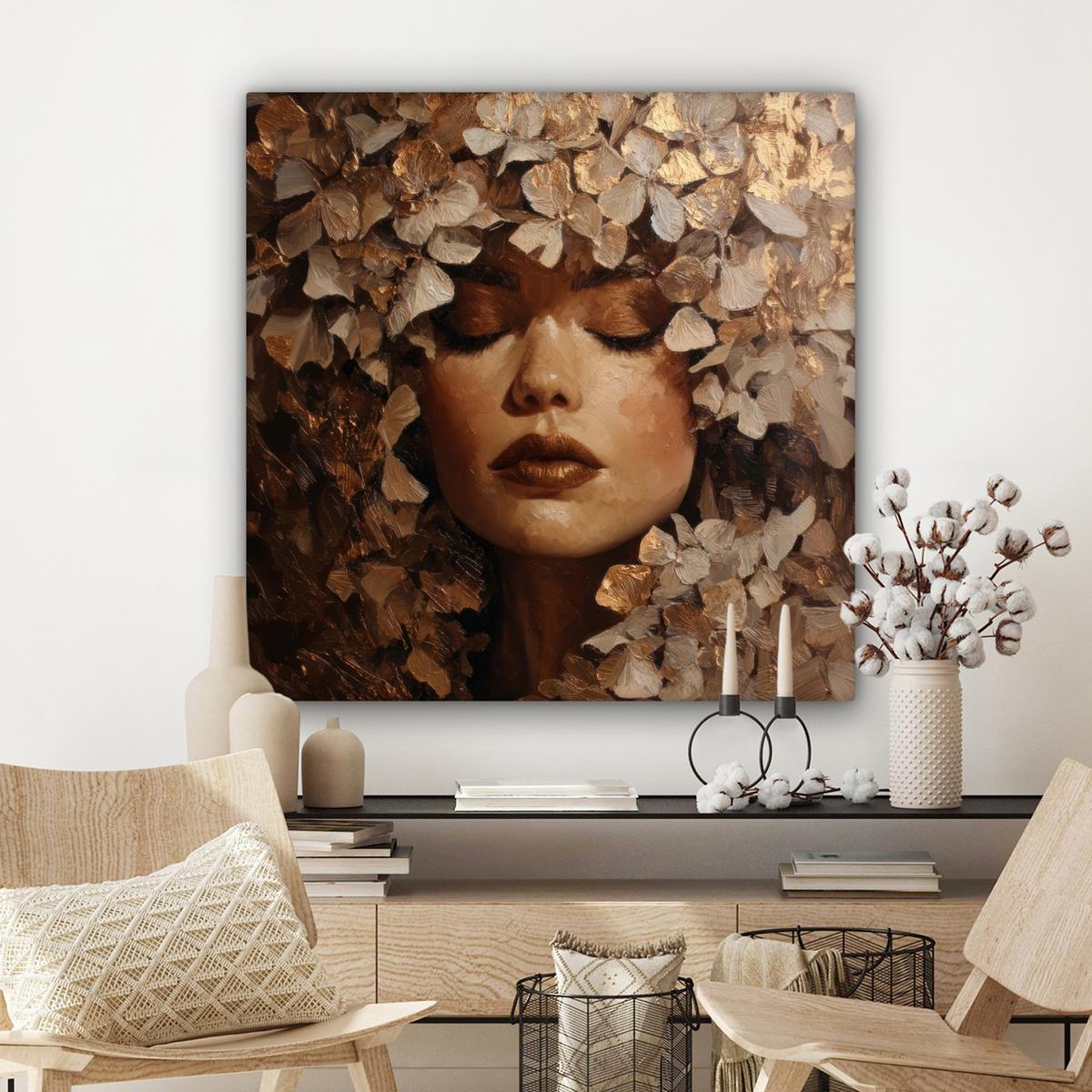 LEINWANDBILD Gesicht - Dame - Blätter - Pinselstriche Deko Groß 90x90 cm - Goldfarben, Textil (90/90cm) - MuchoWow