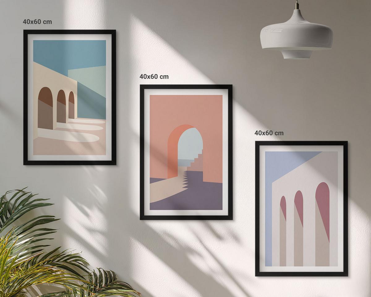 BILDER SET 3er Set - 40x60 cm Schwarzer Rahmen - Architekturgrafiken in Pastellfarben - Schwarz, Kunststoff (40/60cm) - TULUP