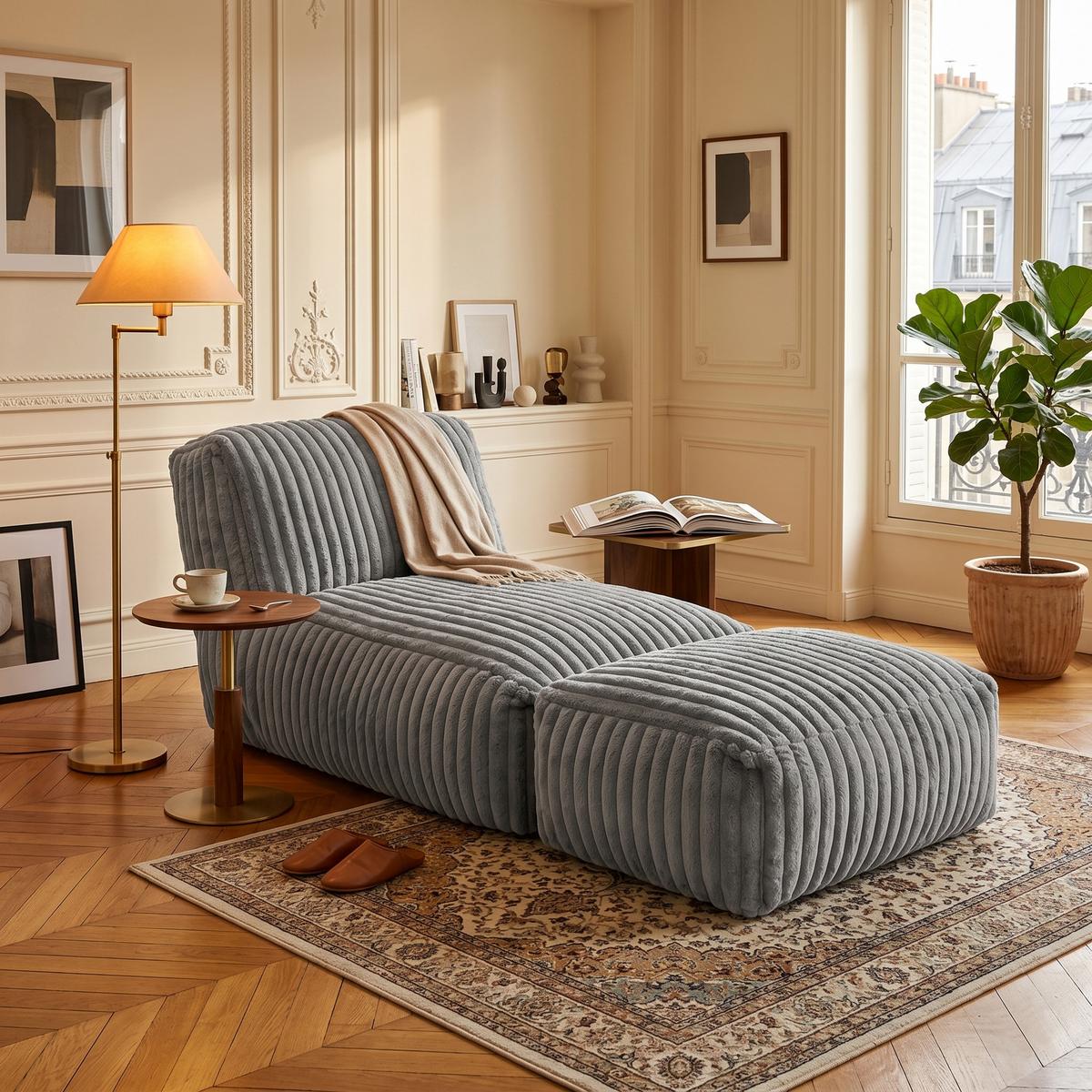 SESSEL MIT HOCKER aus Kordsamt modular und ergonomisch gepolstert - Hellgrau, Textil (160/66/80cm) - Urban Meuble