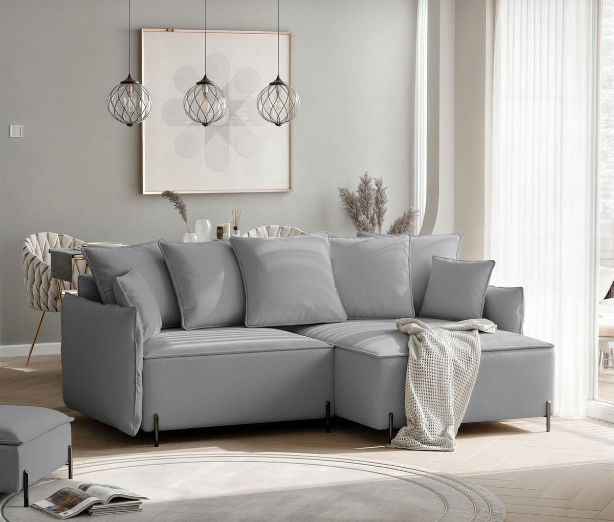 ECKSOFA MARCO Rechts, mit Schlaffunktion und Bettkasten, Grau - Grau, Textil/Metall (221/148cm) - Idohome