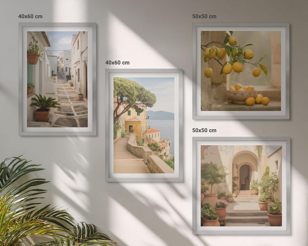 BILDER SET 4er Set - 50x50 cm & 40x60 cm Silberner Rahmen - Zitrusbaum im Fenster am Meer - Silberfarben, Kunststoff (50/50cm) - TULUP