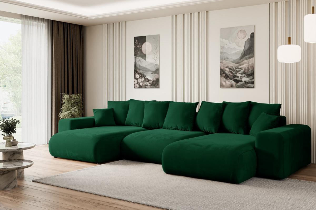 WOHNLANDSCHAFT mit Schlaffunktion ESKAR-U -364x176x84cm Grün Velours - Schwarz/Grün, Holzwerkstoff/Kunststoff (364/72/176cm) - ALTDECOR