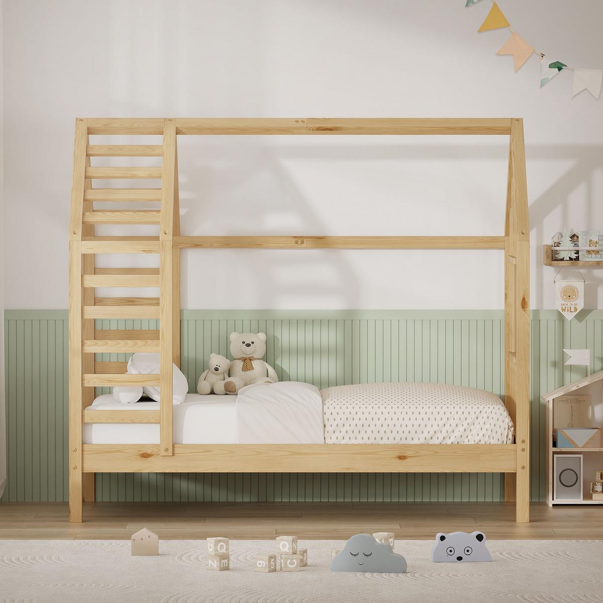 KINDERBETT 70x140 cm mit Lattenrost Dach und Fenster Hausbett aus massivem Kiefernholz Natur - Naturfarben, Holz (70/140cm) - ML-DESIGN