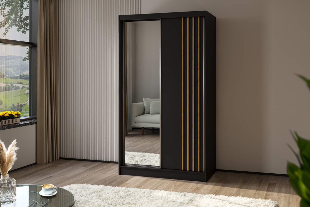 KLEIDERSCHRANK mit Spiegel-Schiebetüren und Aluminium-Leisten - NALLA - 120 cm Schwarz+Schwarz+Artisan - Anthrazit/Eiche Artisan, Holzwerkstoff (120/216/61cm) - ALTDECOR