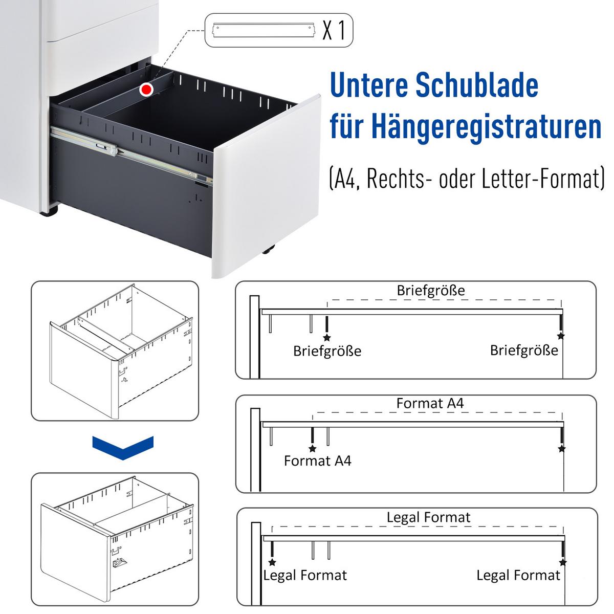 ROLLCONTAINER mobiler Aktenschrank mit 3 Schubladen Büroschrank Stahl Weiß - Weiß, Metall (48/59/39cm) - Vinsetto